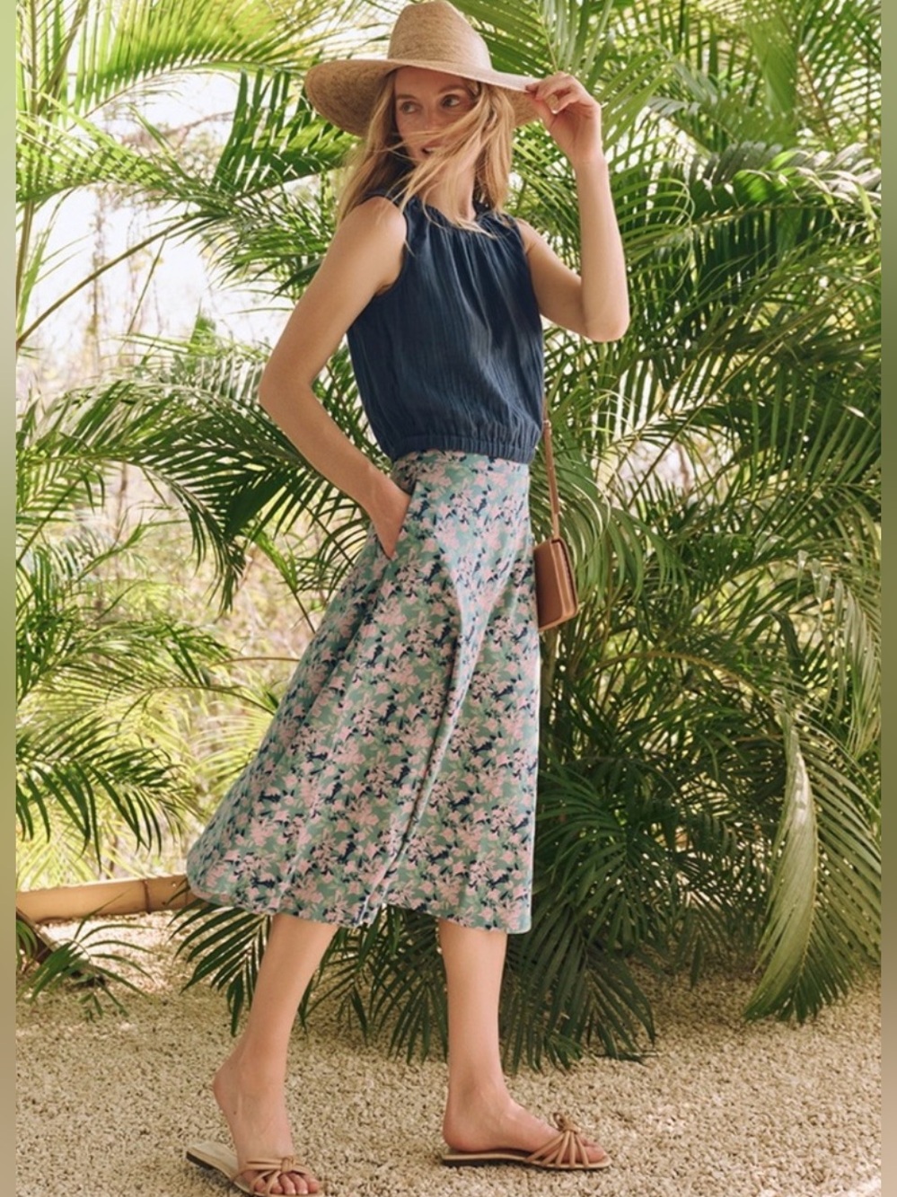 PACT Fit & Flare Shadow Floral Spruce Midi Skirt Organic Cotton S